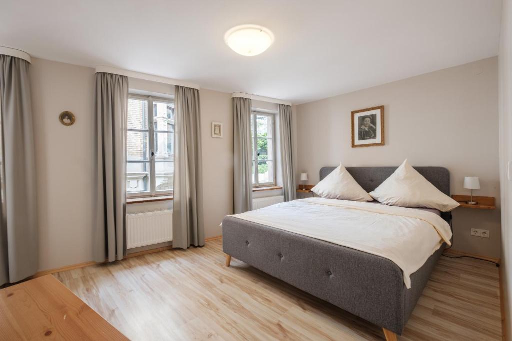 1 dormitorio con 1 cama grande y 2 ventanas en Alte Buchbinderei Apartments, en Baden-Baden