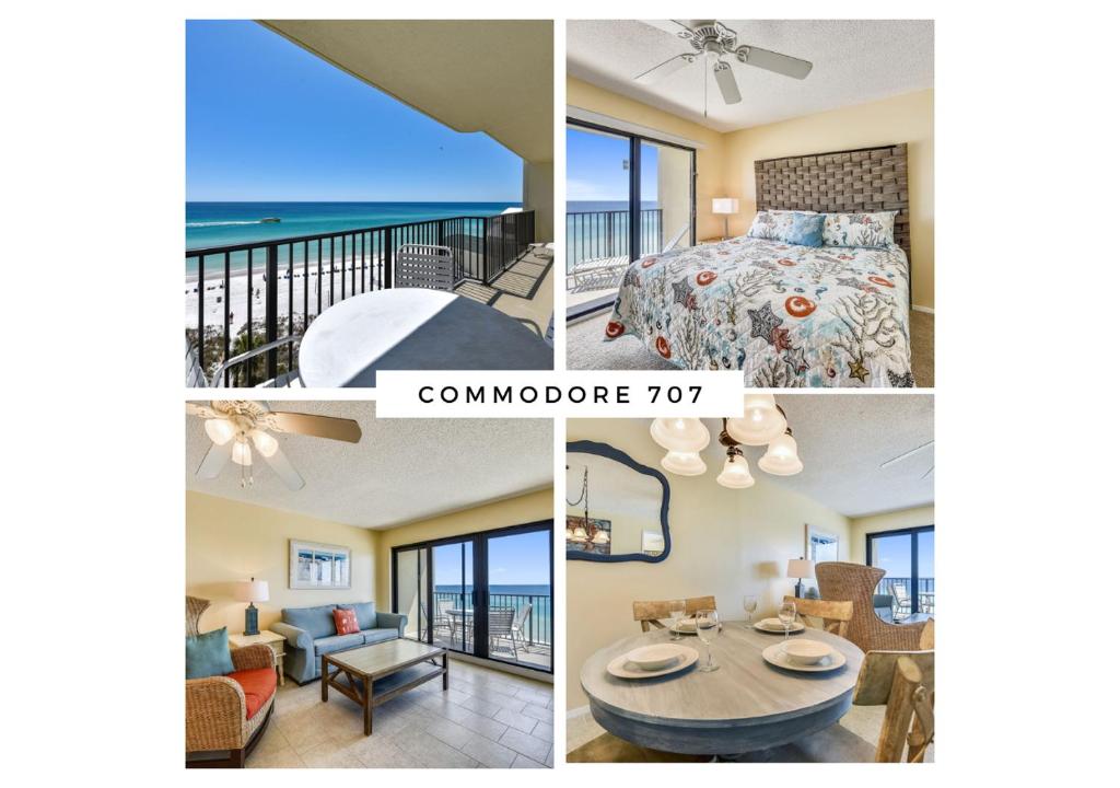 a collage of pictures of a bedroom with a bed and a balcony at Commodore Resort #707 by Book That Condo in Panama City Beach