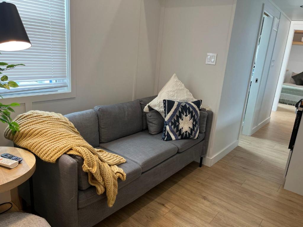 a living room with a gray couch with pillows at The Big Bend Tiny Home in Perry