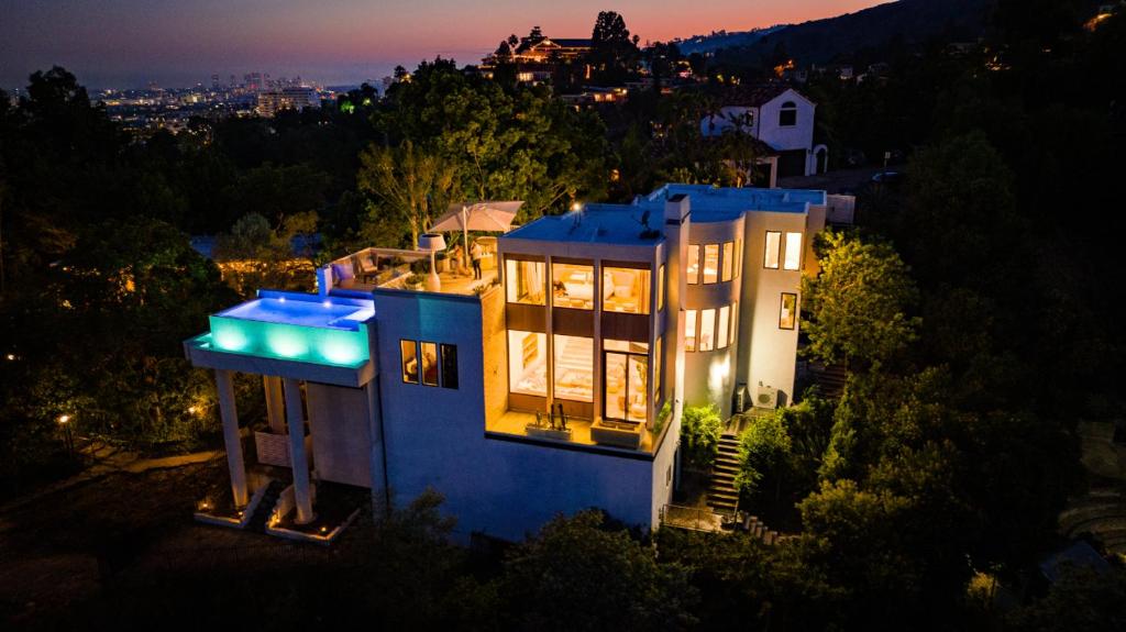an aerial view of a house at night at Glencoe in Los Angeles