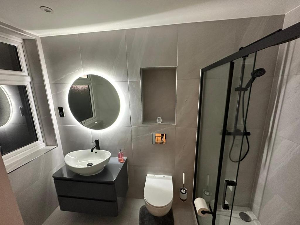 a bathroom with a toilet and a sink and a shower at Alpha Grove in London