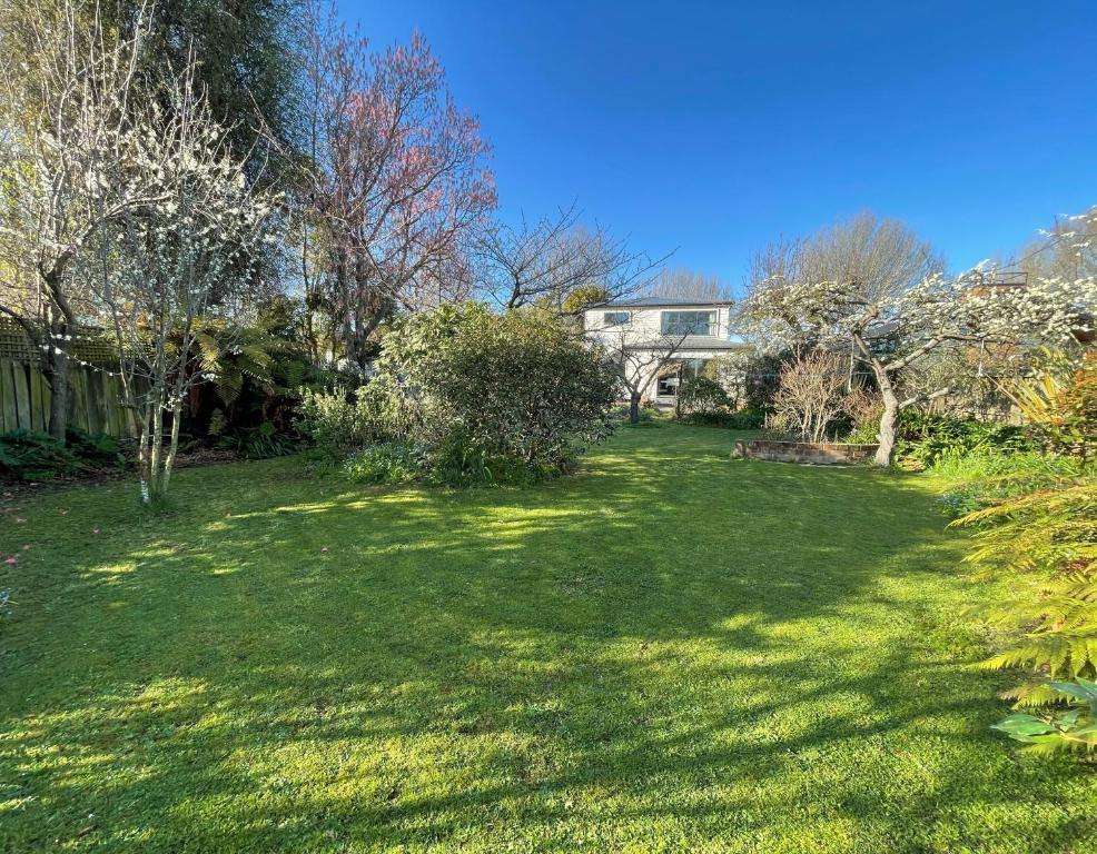 un patio con césped verde y árboles y una casa en Quiet & New - Planted & Characteristic - 7Vhouse, en Christchurch