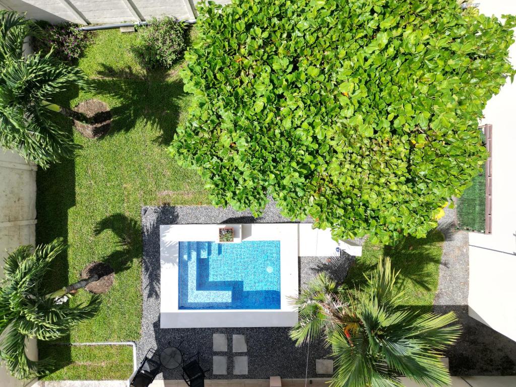 an overhead view of a pool in a yard with trees at Oasis Arenal Villa Pool & Arenal Volcano View in Fortuna