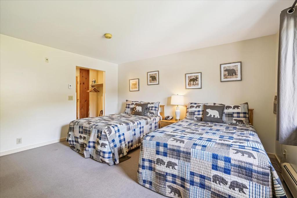 1 dormitorio con 2 camas y ventana en Cedarbrook Deluxe one bedroom suite located on 2nd floor with outdoor heated pool 21921, en Killington