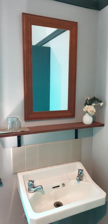 uma casa de banho com um lavatório e um espelho na parede em Club Hotel Warragul em Warragul
