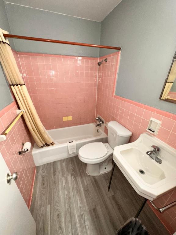 une salle de bains rose avec toilettes et lavabo. dans l'établissement Reed Motel Nashville, à Nashville