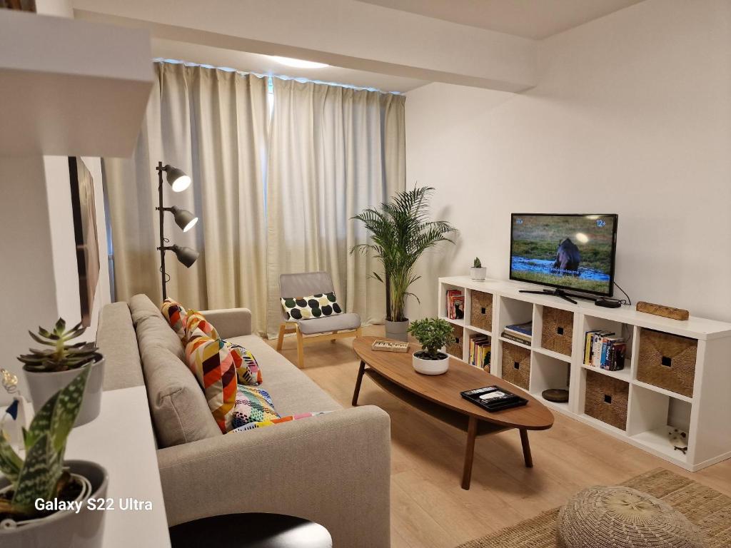 a living room with a couch and a tv at City Center Apartment in Nicosia