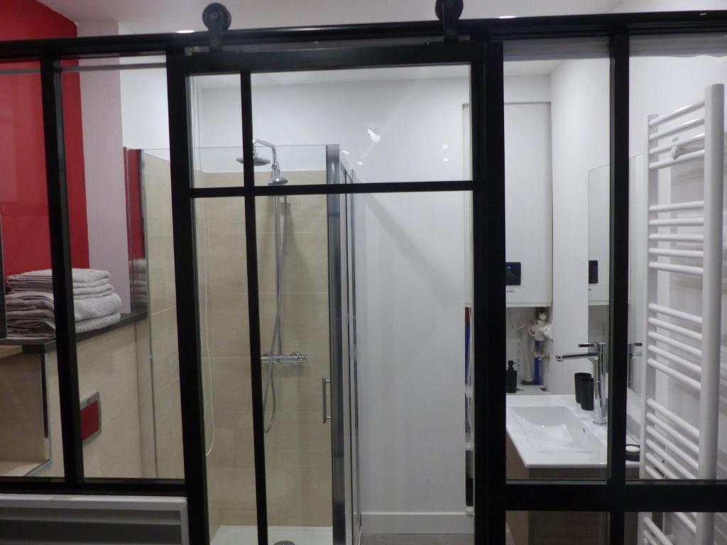 La salle de bains est pourvue d'un lavabo et d'une porte de douche en verre. dans l'établissement Charmant logement près Parc Buttes Chaumont, à Paris