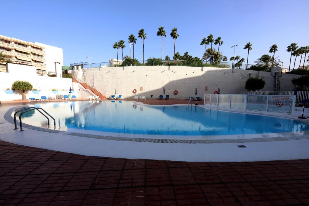 uma piscina vazia num edifício com palmeiras em Confortevole appartamento playa del ingles em Maspalomas