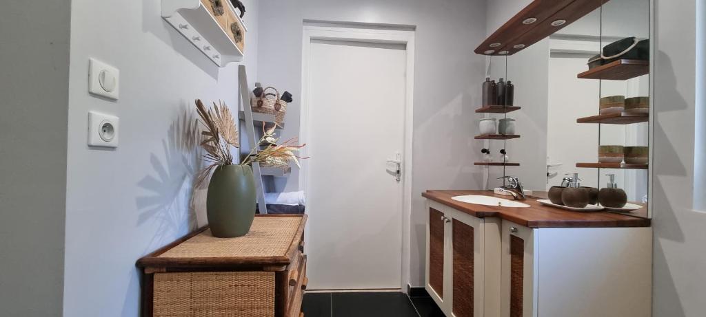 a bathroom with a sink and a vase on a counter at Meublé de tourisme &quot;Les brosses tillots&quot; in Mary