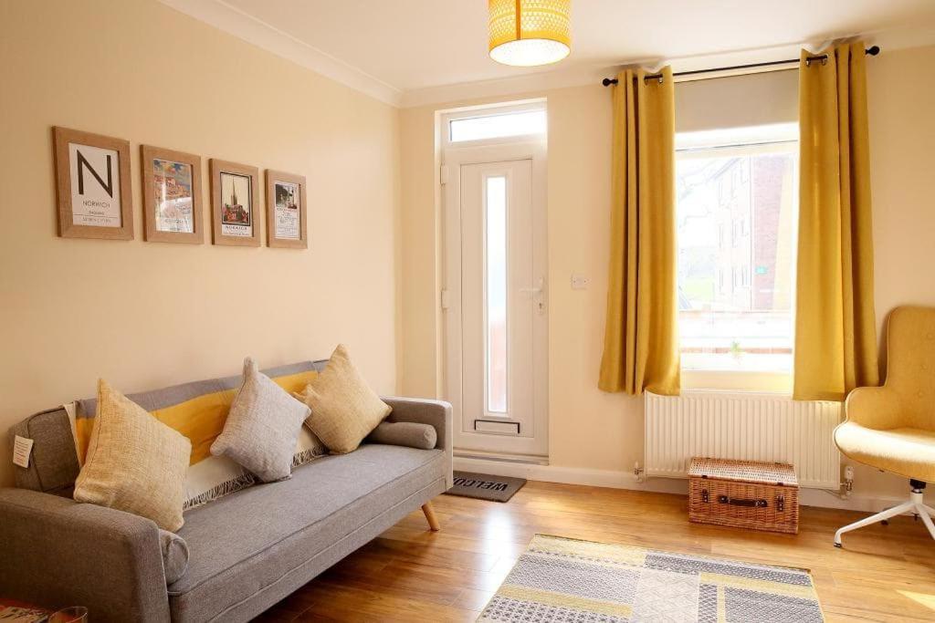 uma sala de estar com um sofá e uma janela em Central Norwich House W Parking Ginger&gold em Norwich