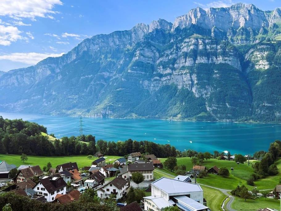 a village with a lake and mountains in the background at Chalet Terza in Quarten