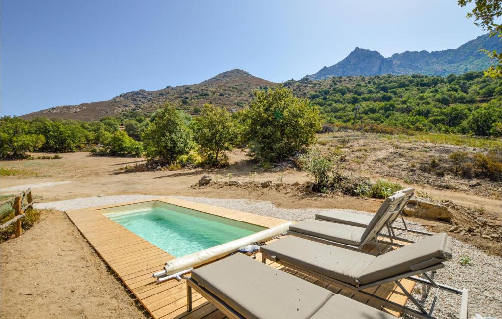 een stoel en een zwembad met een stoel en een zonneklep bij Stunning Home In Feliceto With Private Swimming Pool, Can Be Inside Or Outside in Feliceto