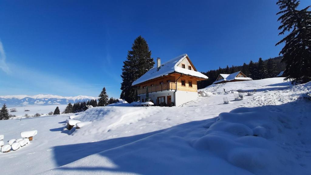 a house on top of a snow covered mountain at Drevenica pod Demänovskou horou in Demanovska Dolina