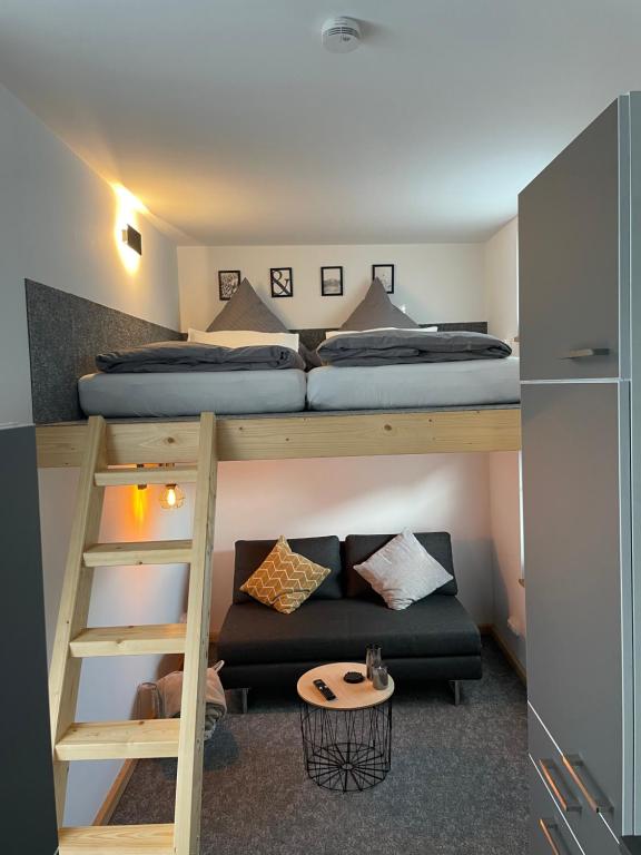 Tiny House im Spreewald في Kittlitz: غرفة صغيرة مع سرير بطابقين وأريكة