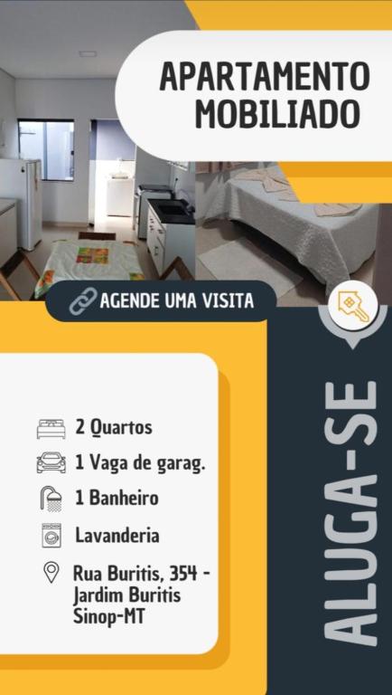 a picture of a room with a bed and avertisement at Flat mobiliado in Sinop