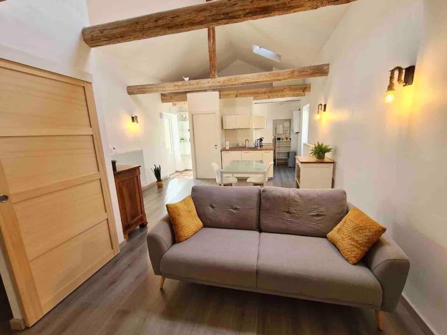 uma sala de estar com um sofá e uma cozinha em Joli appartement tout confort em Chalon-sur-Saône