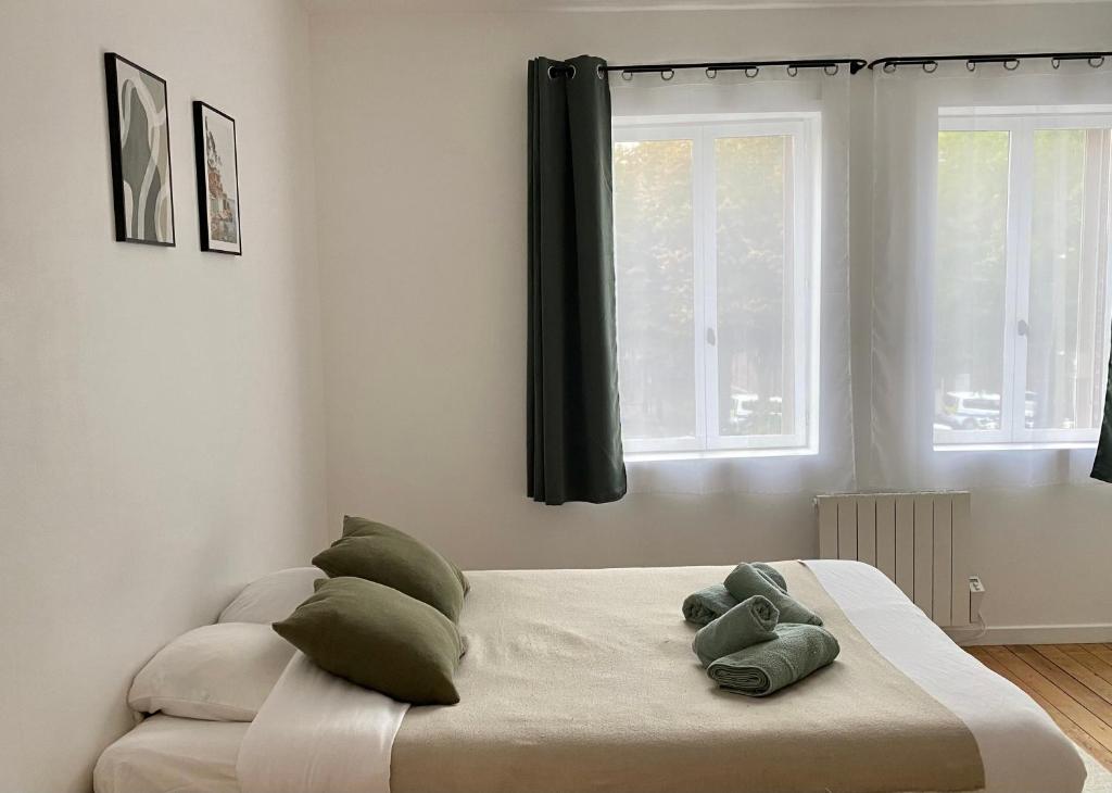 a bed with green pillows in a room with a window at Hortensia*Proche Centre-Ville et CHU*Parking in Amiens
