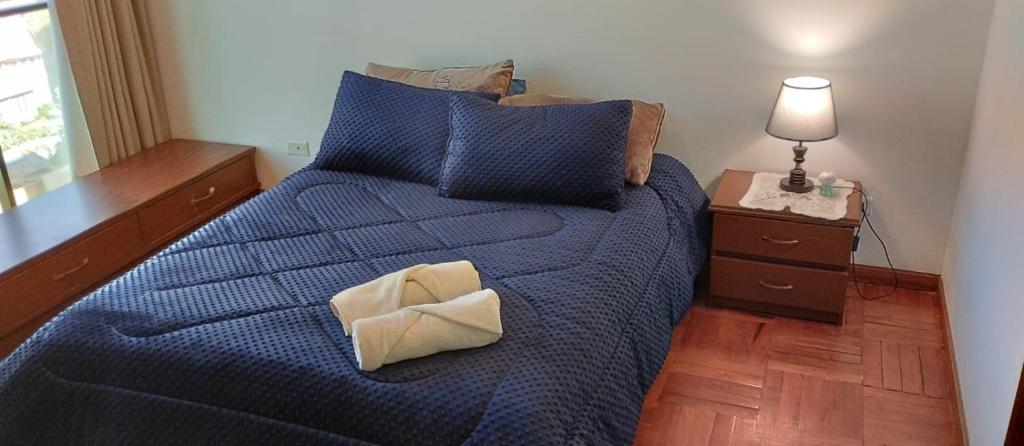 ein Schlafzimmer mit einem blauen Bett mit einer Schleife darauf in der Unterkunft Hermoso departamento en la Ciudad de La Paz-Bolivia in La Paz