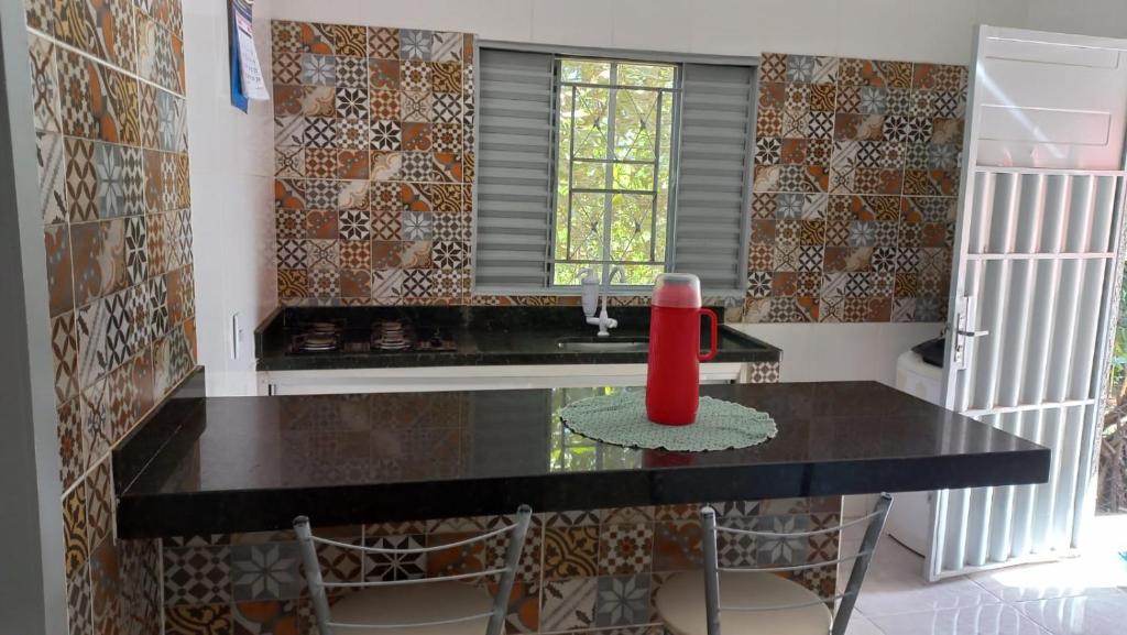a kitchen with a counter with a red vase on a table at Chácara Recanto da Paz in Caldas Novas