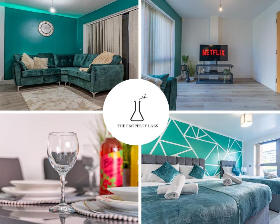 a collage of photos of a living room and dining room at Luxury Birmingham City Centre Townhouse with BALCONY- Sleeps 10 - FREE Parking - Perfect for Contractors, Business Travellers, Families and other Groups - Near Bullring, Newstreet, Selfridges, NEC, NIA & Birmingham airport in Birmingham