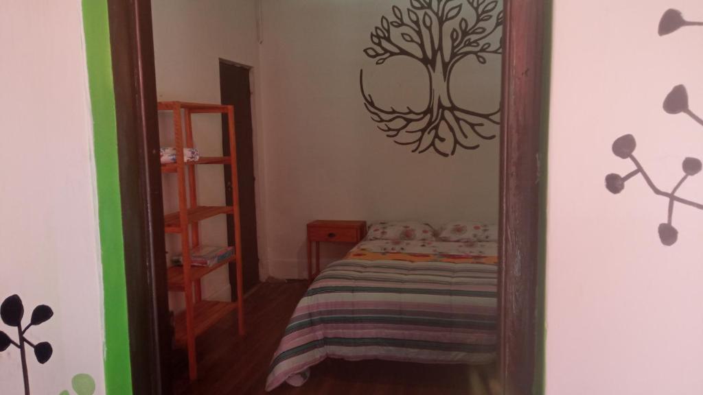 a bedroom with a bed and a mirror with a tree on the wall at Posada the secret in Colonia del Sacramento