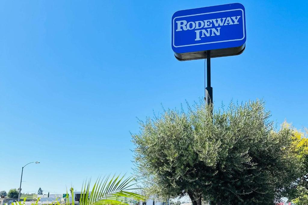 a blue road way inn sign next to a tree at Rodeway Inn Lemon Grove San Diego East in Lemon Grove