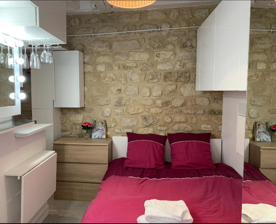 a bedroom with a red bed and a stone wall at NEW Private apartment Paris city center - Les Arènes Pantheon Notre-Dame Jussieu Jardin des Plantes Quai de Seine in Paris