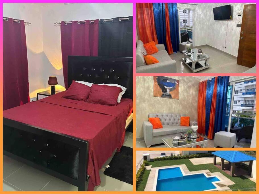 a collage of four pictures of a bedroom at Primer Nivel. Apto de 2 Habitaciones La Vega in Concepción de La Vega