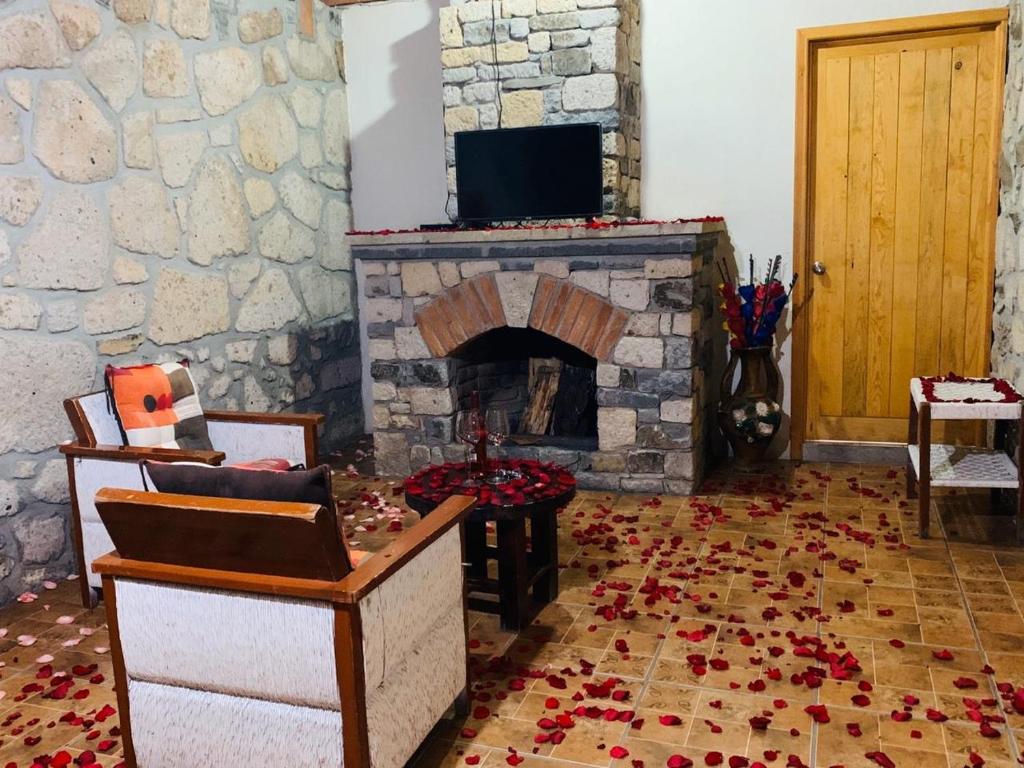 a living room with a stone fireplace and a tv at Cabañas Los Cactus in San Miguel Regla