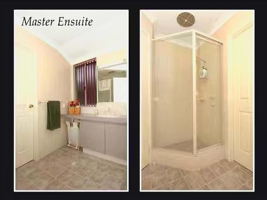 two pictures of a bathroom with a shower and a sink at Double room share bathroom and kitchen in Perth