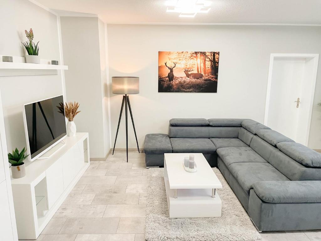 a living room with a couch and a tv at Alte Försterei 2.0 in Thale