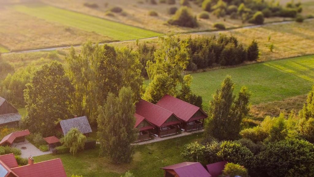 una vista aérea de una casa con techo rojo en Wiśniowy Sad - Domki en Białowieża