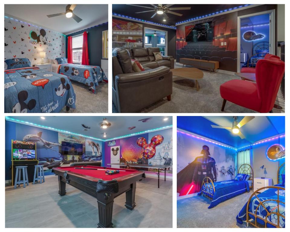 a collage of four pictures of a room with a pool table at 9 Bedroom Family Friendly Retreat - Private Pool in Kissimmee