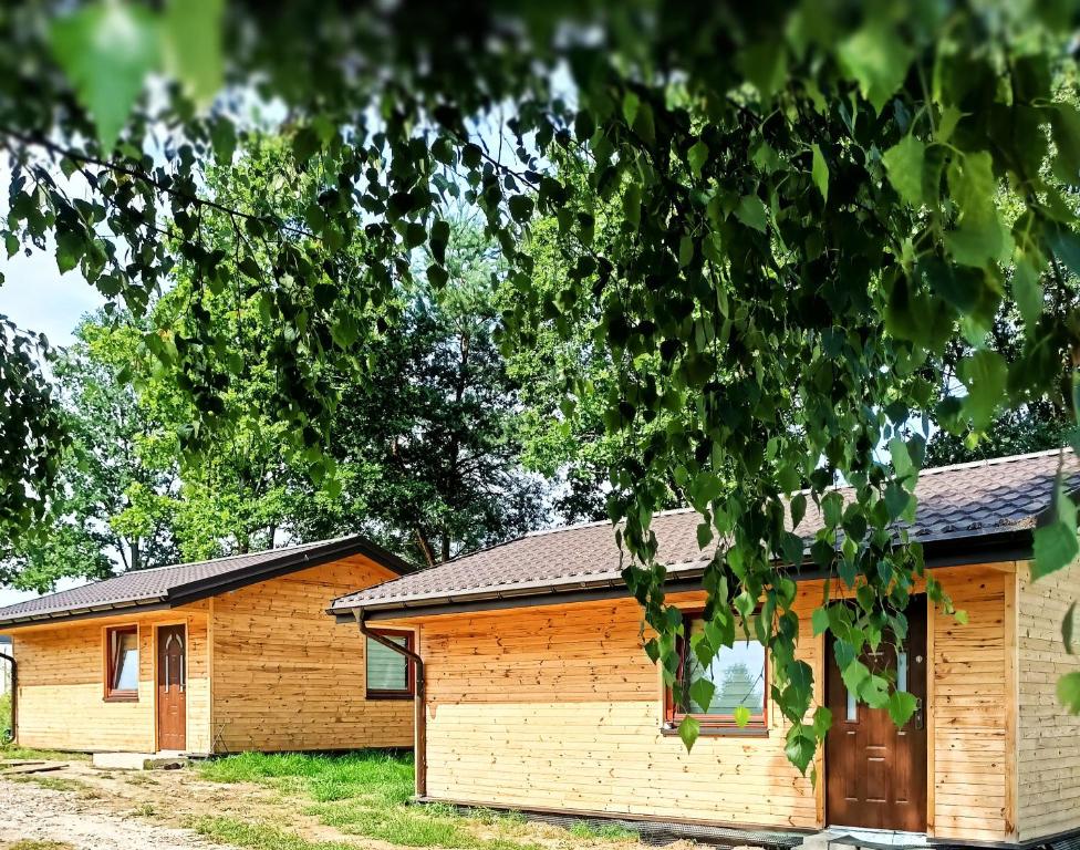 una casa de madera con un árbol en Domki Letniskowe oraz Chata Grillowa " Nad Zalewem "Bliżyn en Bliżyn