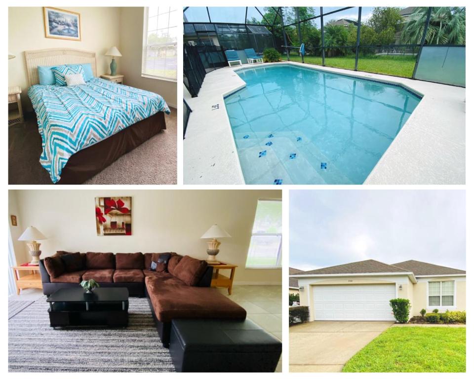 un collage de fotos de una casa con piscina en Ezras Vacation Home at Southern Dunes, en Haines City