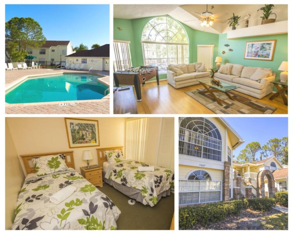 un collage di foto di una casa con piscina di 3 Bedroom Resort Condo 8 Miles to Disney Pool Free Parking a Kissimmee