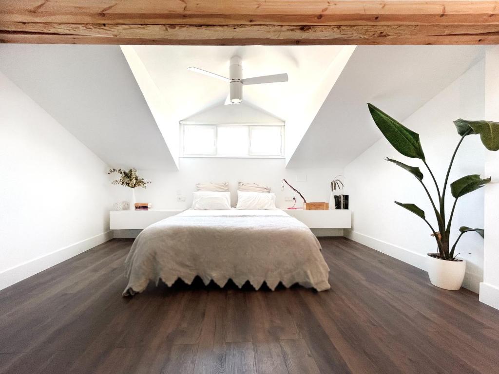 a bedroom with a bed and a skylight at Luxury Pintoreria Atico in Vitoria-Gasteiz