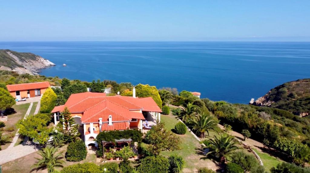 eine Luftansicht eines Hauses mit Meerblick im Hintergrund in der Unterkunft Aegean Sea Villa Skiathos in Skiathos-Stadt