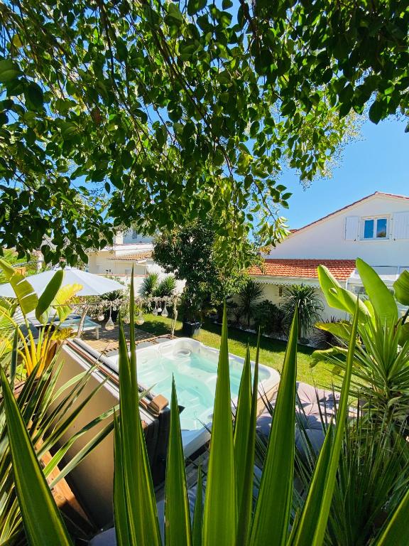 een zwembad in een tuin met planten bij Évasion Tropicale - Villa d'Artiste avec Jacuzzi Privé dans un jardin Exotique in Mérignac