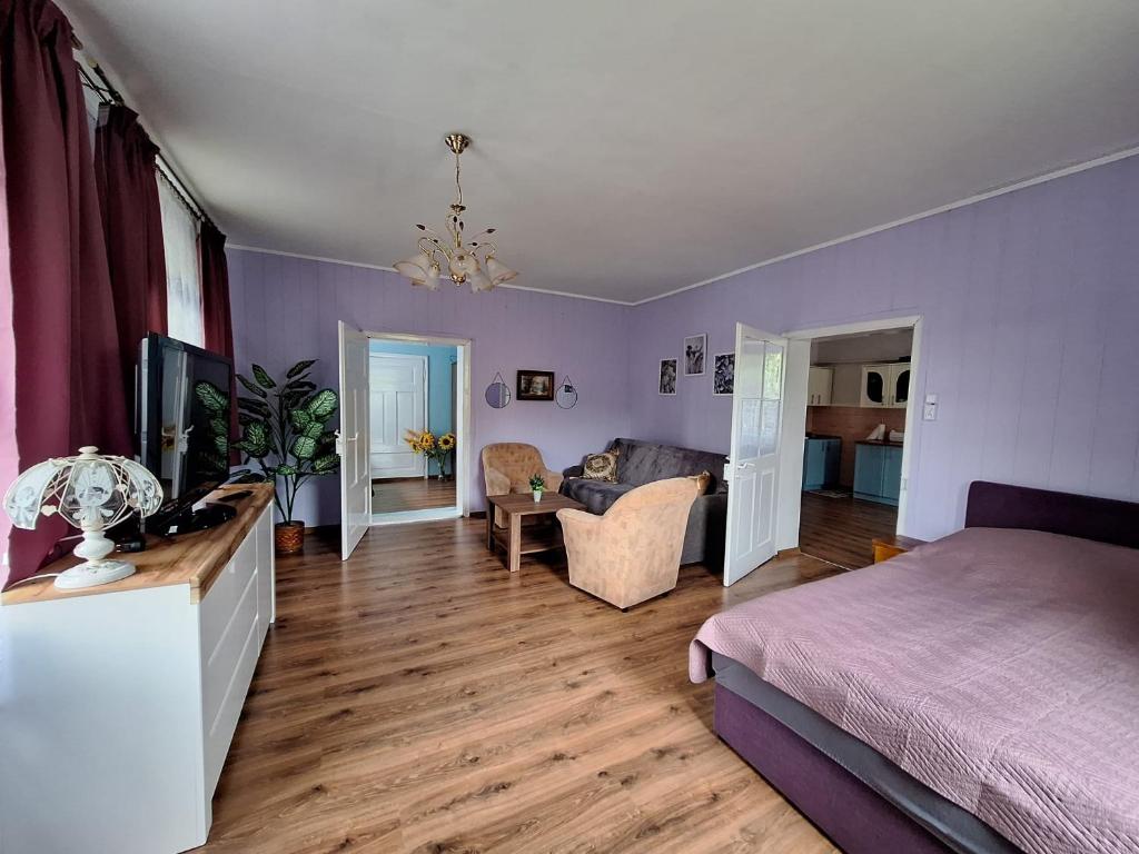 a bedroom with purple walls and a bed and a couch at Domek przy Maja in Milicz