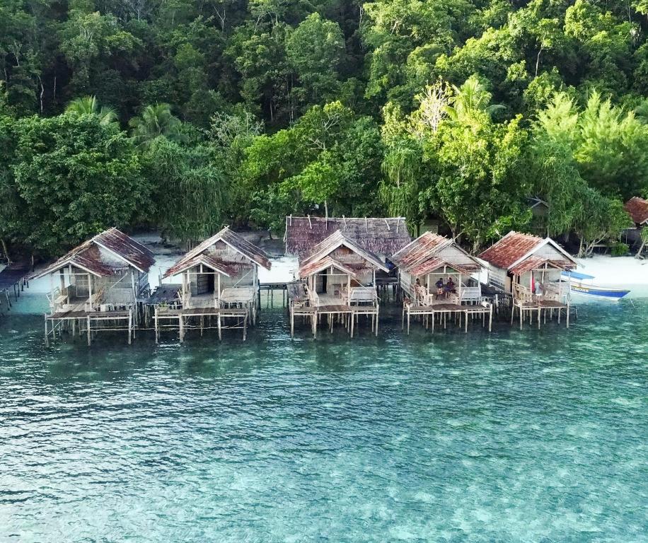 a group of huts in the water next to trees at Firdas Bungalows in Waisai