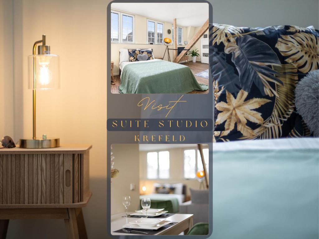 una imagen de una habitación con cama y espejo en Suite Studio nah Messe & Rhein I Netflix I Küche, en Krefeld