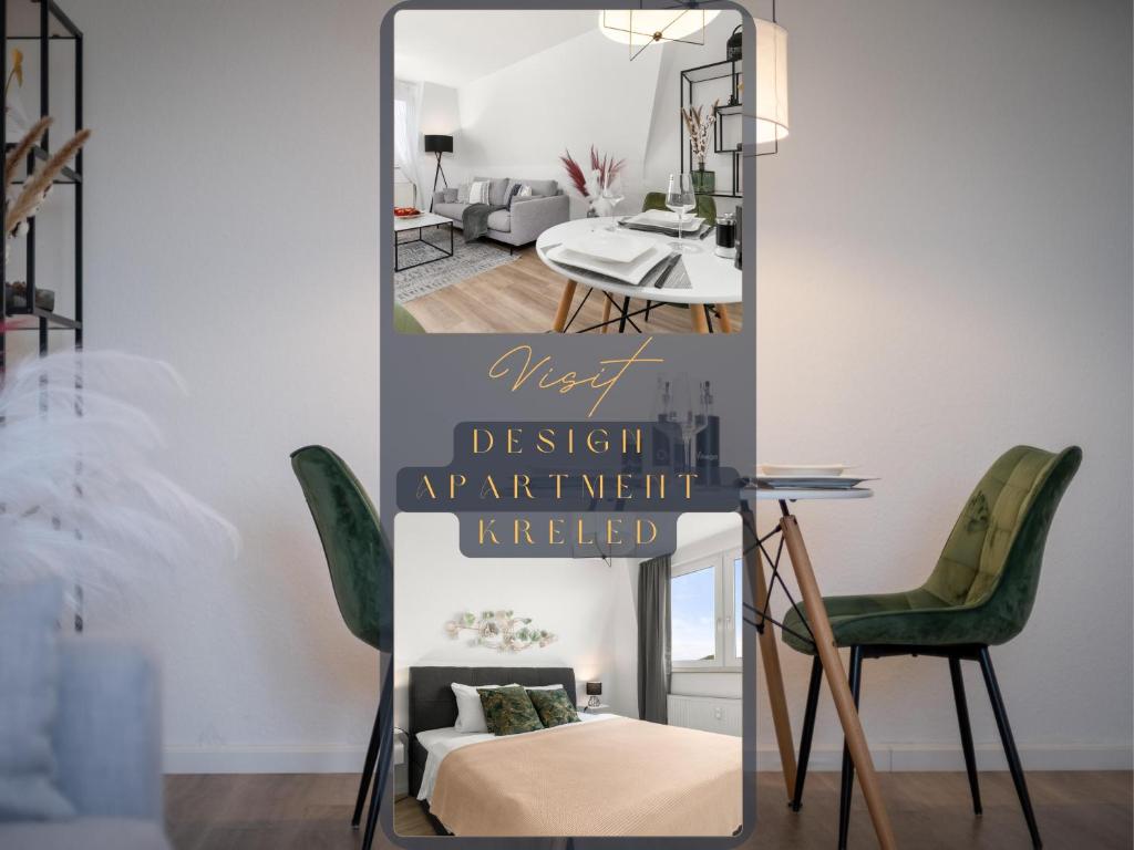 een spiegel in een kamer met een tafel en stoelen bij Design Apartment nah Messe & Rhein I Netflix I Küche in Krefeld
