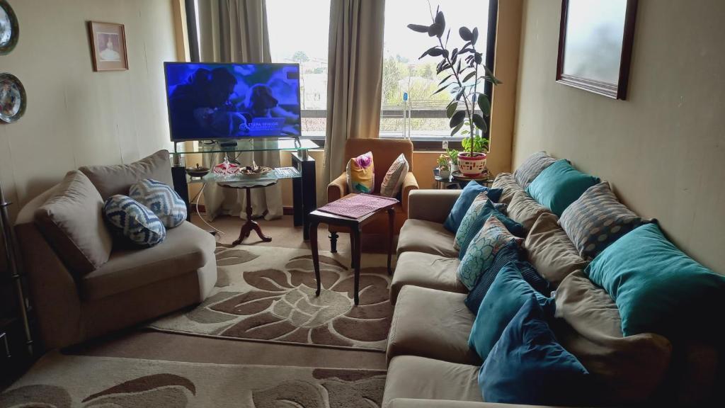 sala de estar con sofá y TV en Maya, en Valdivia