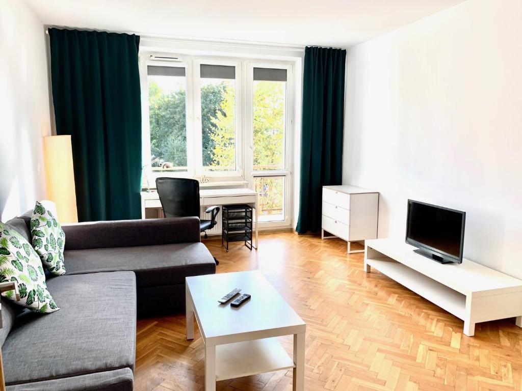 a living room with a couch and a table at Apartament SŁONECZNY in Bydgoszcz
