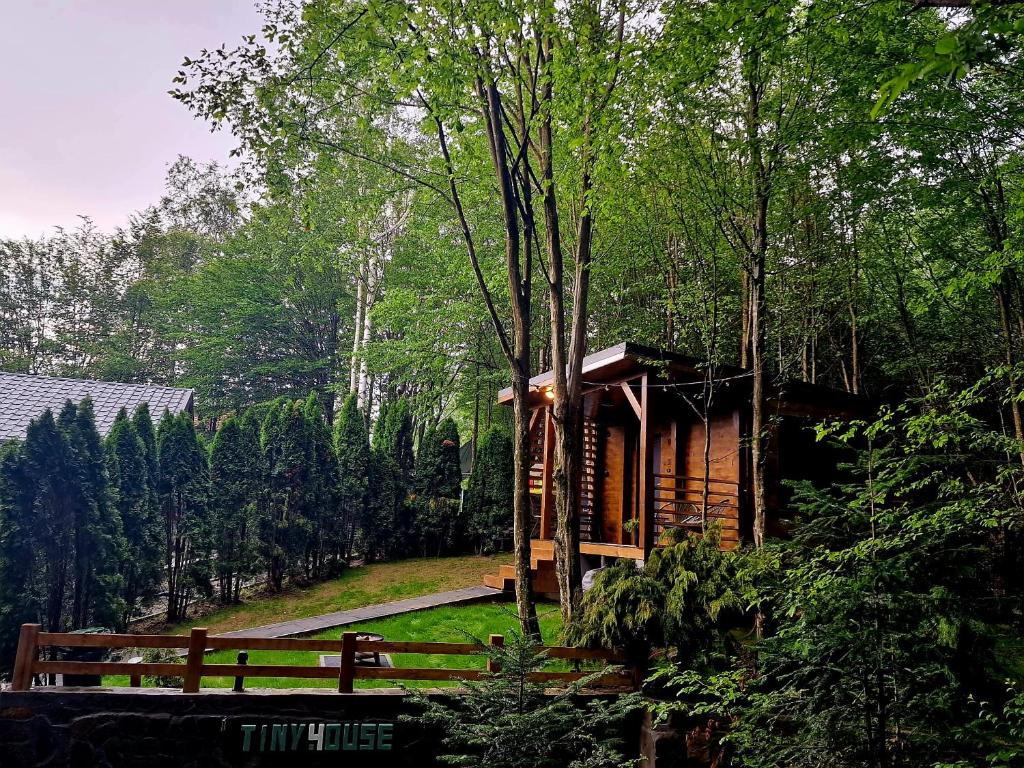 una cabaña de madera en el bosque con una valla en Tiny House 4 Two en Văliug