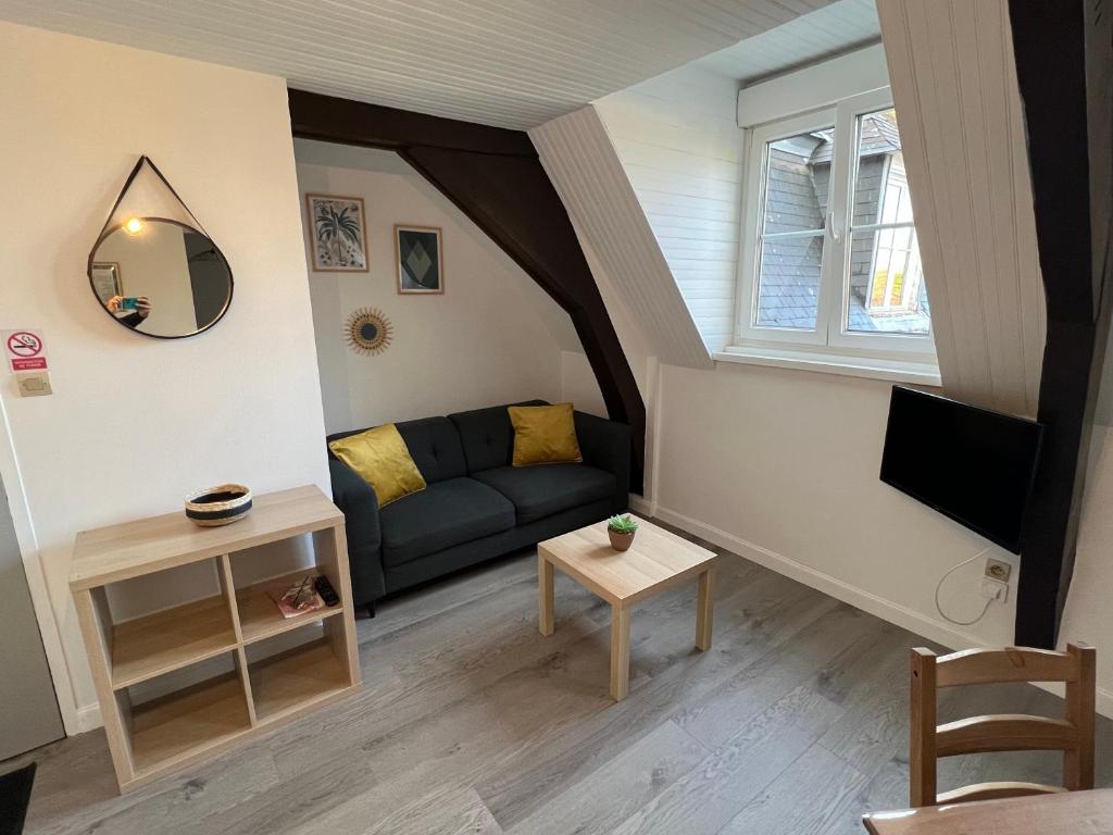 a living room with a couch and a tv at Studio centre ville le saint&#39;oh in Saint-Omer
