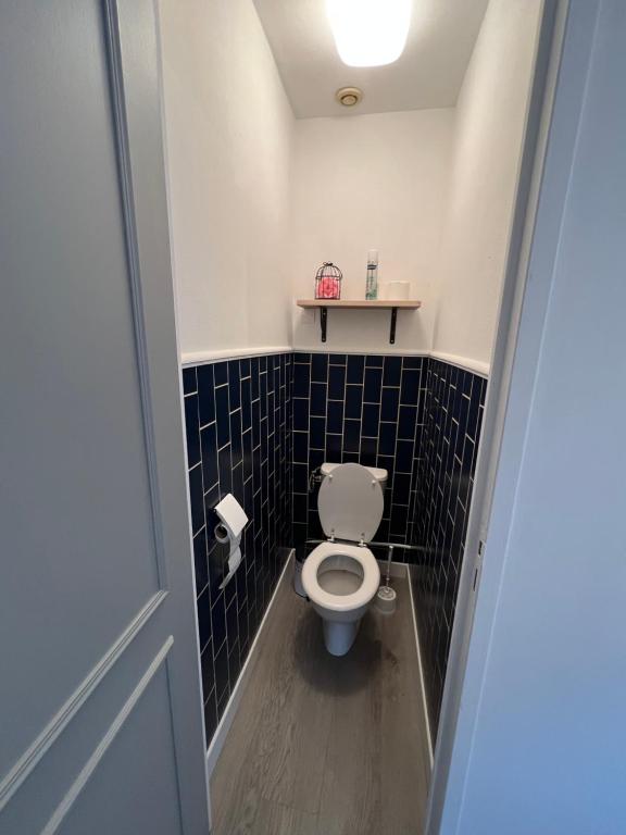a bathroom with a toilet with blue tiled walls at Studio centre ville le saint&#39;oh in Saint-Omer