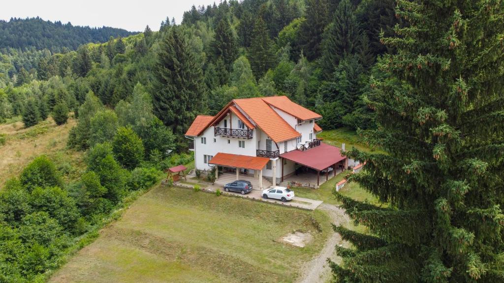 una vista aerea di una casa nel mezzo di una foresta di Casa Negru Vodă Breaza a Breaza